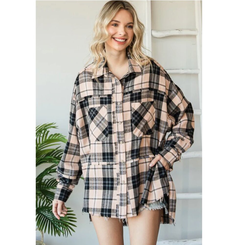 324T OLI & HALI Taupe Tan Combo Mineral Wash Plaid Flannel Shirt